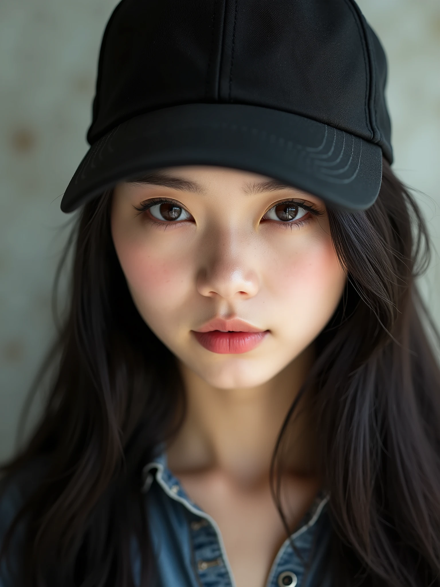 chinese girl 20 years old , with flawless face,focus on her gaze,cute,beautiful,high quality beautiful,black hair ,with black bisbol hat,casual style ,natural ,badass