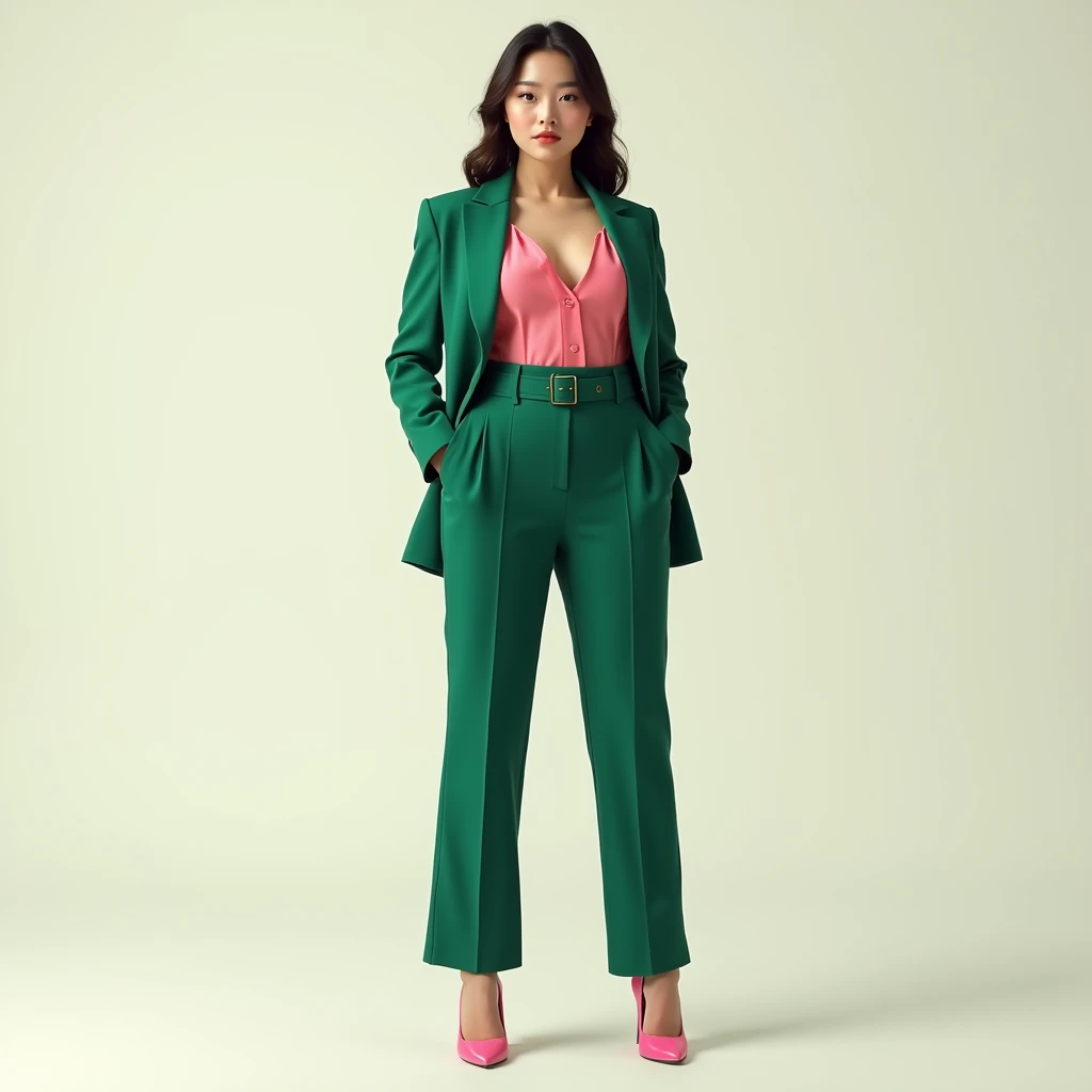 captured with a Sony α7 III camera, young Asia, an narrow waist, wide hips, and a full bust. The proportions are highly stylized, with a sharp contrast between the tiny waist and the expansive curves of the hips and chest, full body shot, fitted leather belted blazer Emerald green in color, inner Blouse Blush pink, high heels Blush pink, standing straight, creamy white background.
