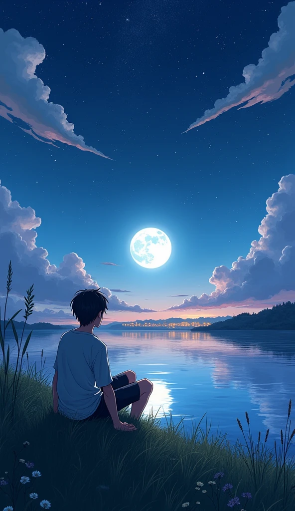 Basic background: A peaceful, expansive landscape, with the central focus on a clear, starlit night sky. The scene is set by a calm body of water, reflecting the night sky and the bright, full moon. The sky is filled with stars, with some larger and brighter, creating a mesmerizing effect. The horizon glows softly with the distant lights of a town, adding warmth to the cool tones of the night. Centered image: A young man, drawn in a detailed anime style, sits on the grassy edge of the water, gazing at the moon. His posture is relaxed, with one arm resting on his knee, symbolizing contemplation and serenity. The moonlight casts a soft glow on his figure, highlighting the details of his clothing and hair with subtle shading. The reflection of the moon on the water adds depth to the scene, while the gentle ripples create a dynamic, yet calming effect. Foreground elements: Surrounding the character are natural elements like tall grasses, small wildflowers, and gently swaying reeds, all bathed in moonlight. These details add texture to the scene and enhance the peaceful, natural setting. The reflection of the stars in the water adds an extra layer of visual interest, blending the sky and the landscape seamlessly. Additional effects: The sky is filled with soft, glowing clouds that catch the moonlight, creating a dreamy atmosphere. The stars twinkle gently, with a few shooting stars adding a touch of magic to the scene. The distant town lights are blurred slightly, giving the impression of depth and distance. The color palette is a mix of deep blues, purples, and soft whites, with accents of warm yellows and oranges from the distant lights and the moon. The water reflects these colors, adding a sense of harmony and balance to the scene. Commercial photography --chaos 23 --ar--stylize 750, Hawaii, gta vice style , illustration , reteo comic illustration