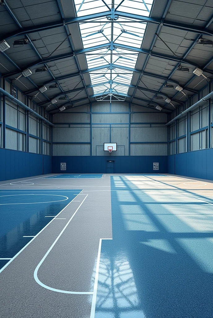 Terrazzo flooring multi task court basket ball, volleyball, net ball court made of terrazzo flooring and metal steal housing 8k hd make flooring visible the polished stone in black
white and navy blue and add small fans area to sit