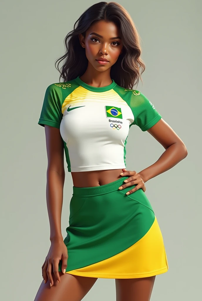 A woman wearing a skirt, green with a yellow stripe on the hem, along with a tight white t-shirt with a green gradient on the shoulders and with jaguar details on the short sleeves of the t-shirt and with the Brazilian flag and the symbol of the Olympics on the t-shirt.
