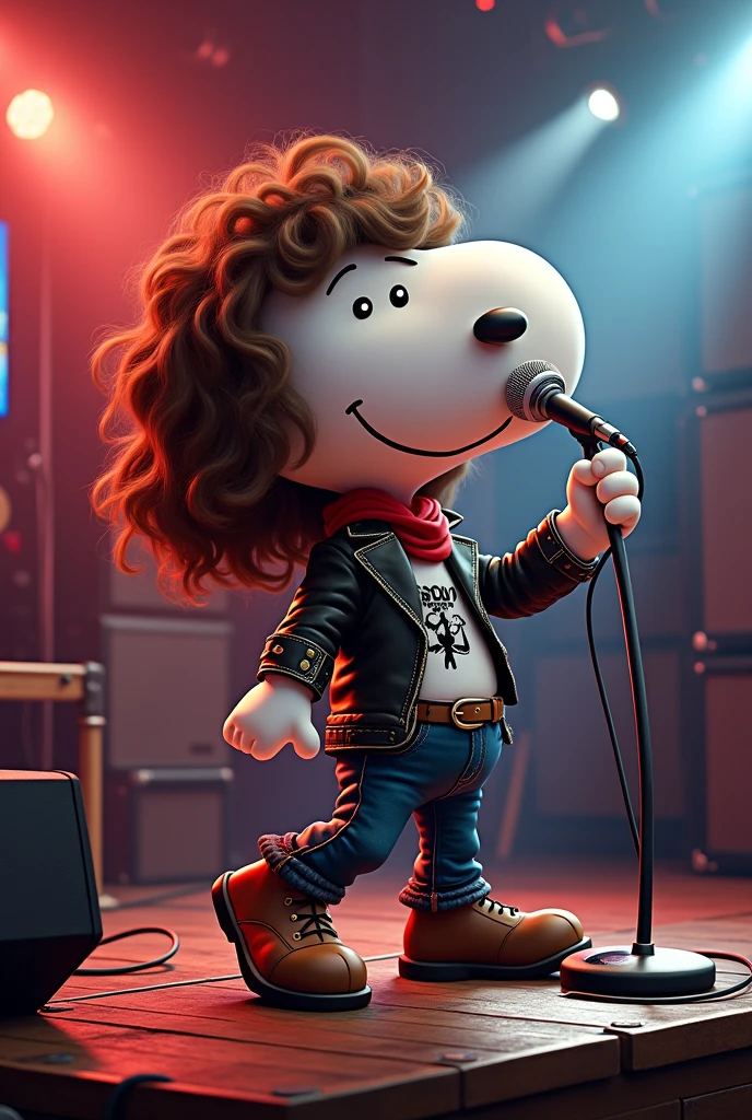 Draw Snoopy with a custome of "Gustavo Cerati" (A rockstar outfit AND with a long curly Jair) singing a song on the top of the image put a TV showing the exactly text: "Dedicado a Valezka: Té para 3"