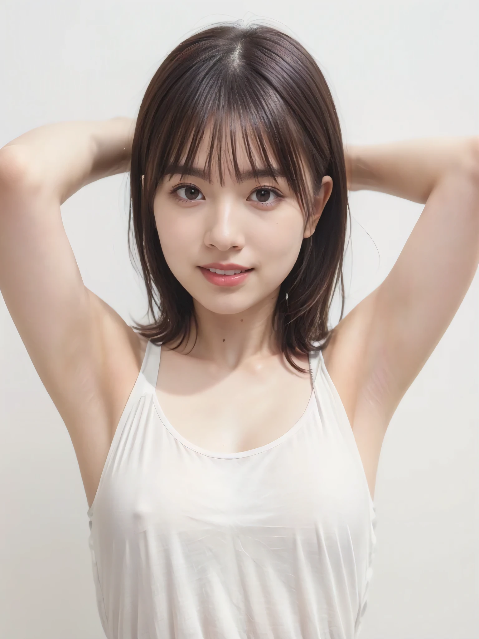 1girl, 25years old woman, (perfectly detailed face), (((Tank tops))), Small breasts, medium breasts, large breasts, cute face, beautiful face, ((looking at viewer)), Simple Background, ((white background)), ((white wallpaper)), White skin, (bright lighting:1.2), perfect lighting, armpits, Show one armpit, Smooth and beautiful armpits, smile, photorealistic, (bokeh), UHD, anatomically correct, highres, masterpiece