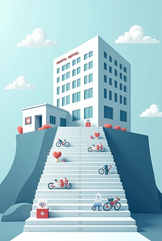 Stairs leading from a small clinic to a large hospital, with each step representing a level of complexity in healthcare. You might see basic healthcare symbols on the first steps and advanced technologies on the upper steps..