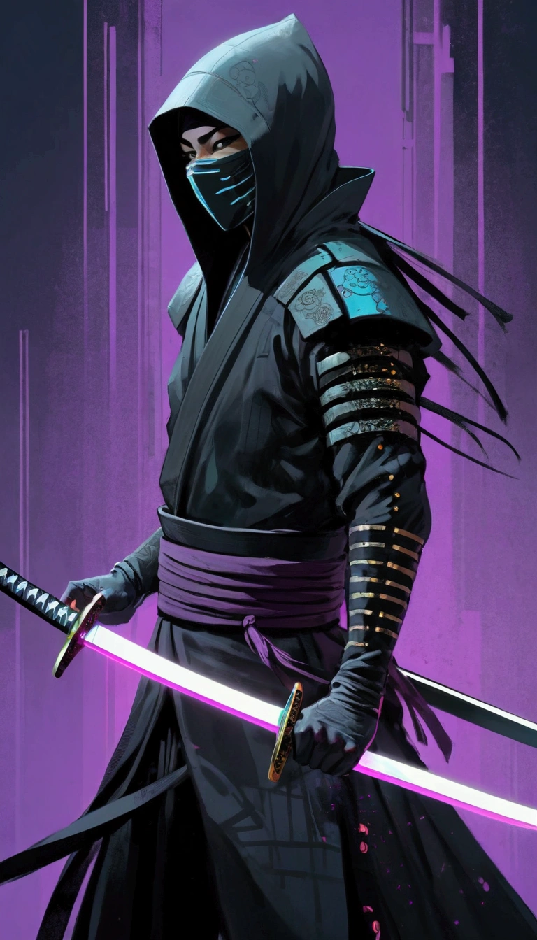 intricate cyberpunk ninja, sharp katana sword,in style of Gris Grimly,amazing artistic special effects from Hans Hartung, {with the text:"dark science fiction":1.8},