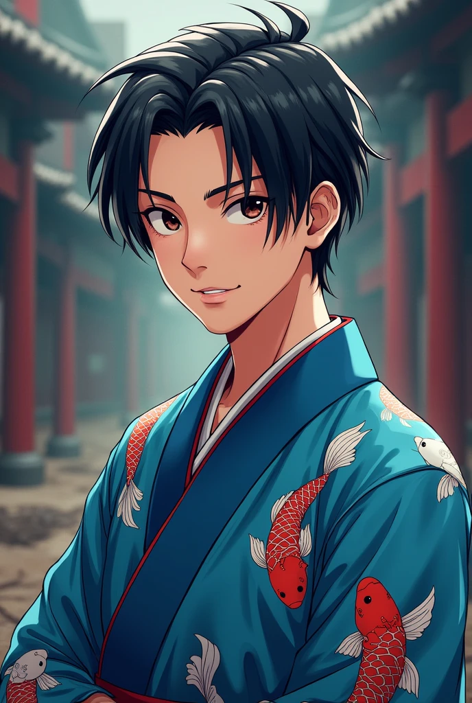Young male character with black hair slicked back, dark brown eyes, wearing a blue kimono with a goldfish print, demon slayer anime style