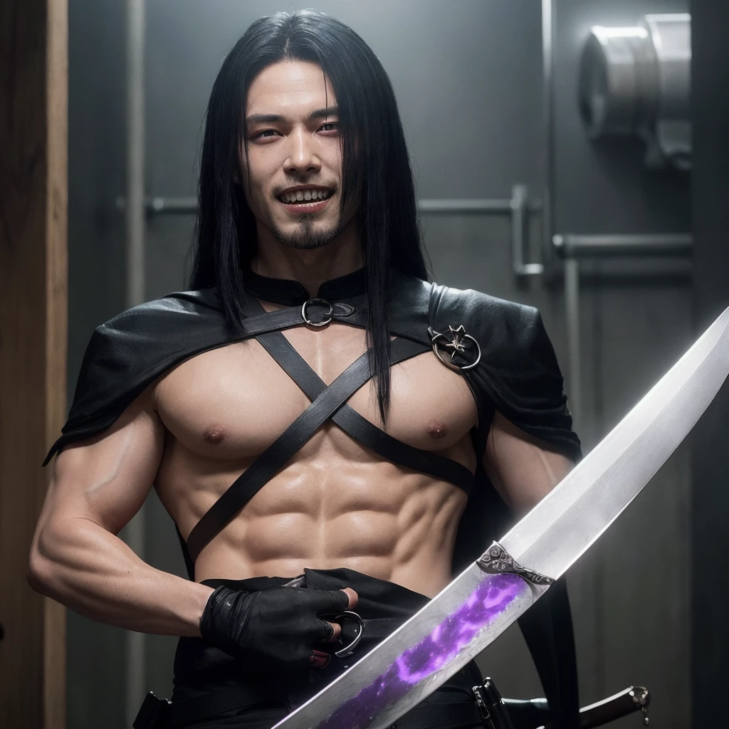 Man with pale skin and sharp teeth, long black hair, purple poisoned blade sword