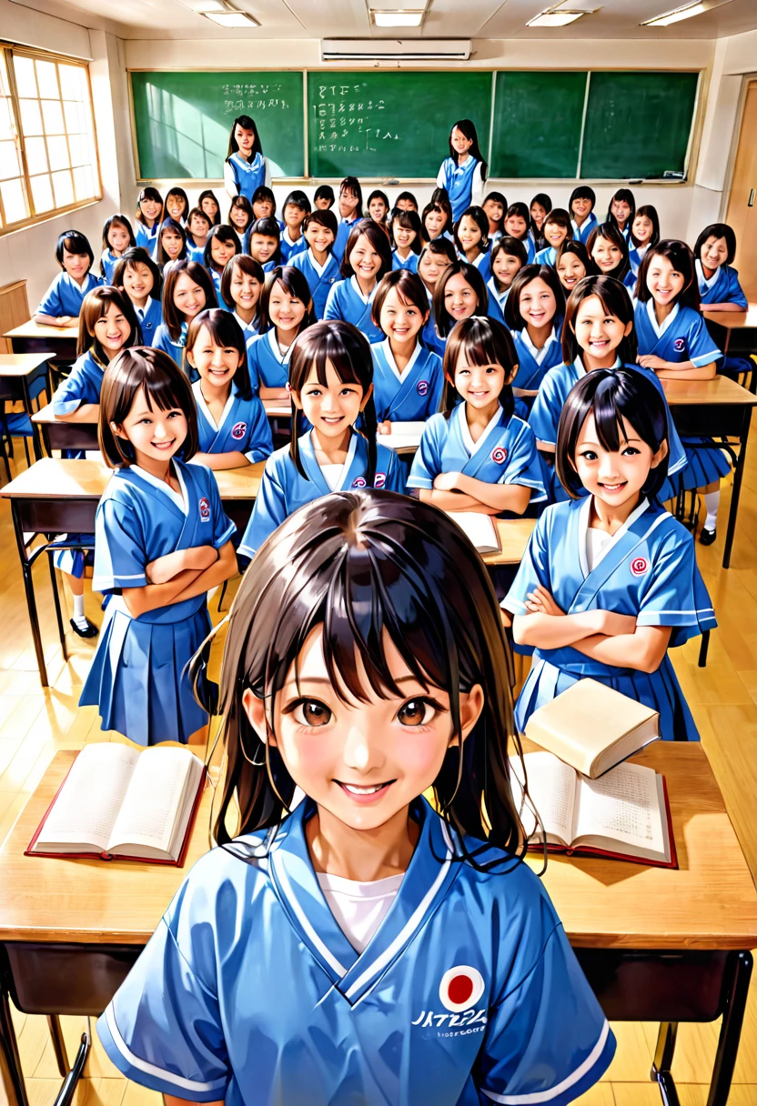 there are many children posing for a picture in a classroom, school class, children, year 3022, happy!!!, inside elementary school, brilliant, complex!!, year 2447, school, year 2134, blog-photo, japanese high school, kid, classroom, a picture, by Aguri Uchida, jin kim, school classroom