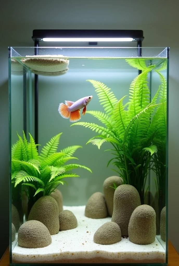 aquascape that consists a 5 gallon rectangle tank, aquatic plant java fern, 2 marimo balls, some round or oval river stones, a light colored hard sand substrate and maybe colored background with good lighting. Also put a light color betta fish that suits to be inside it. Focus on the aquascape arrangements. I want a wide tank not tall