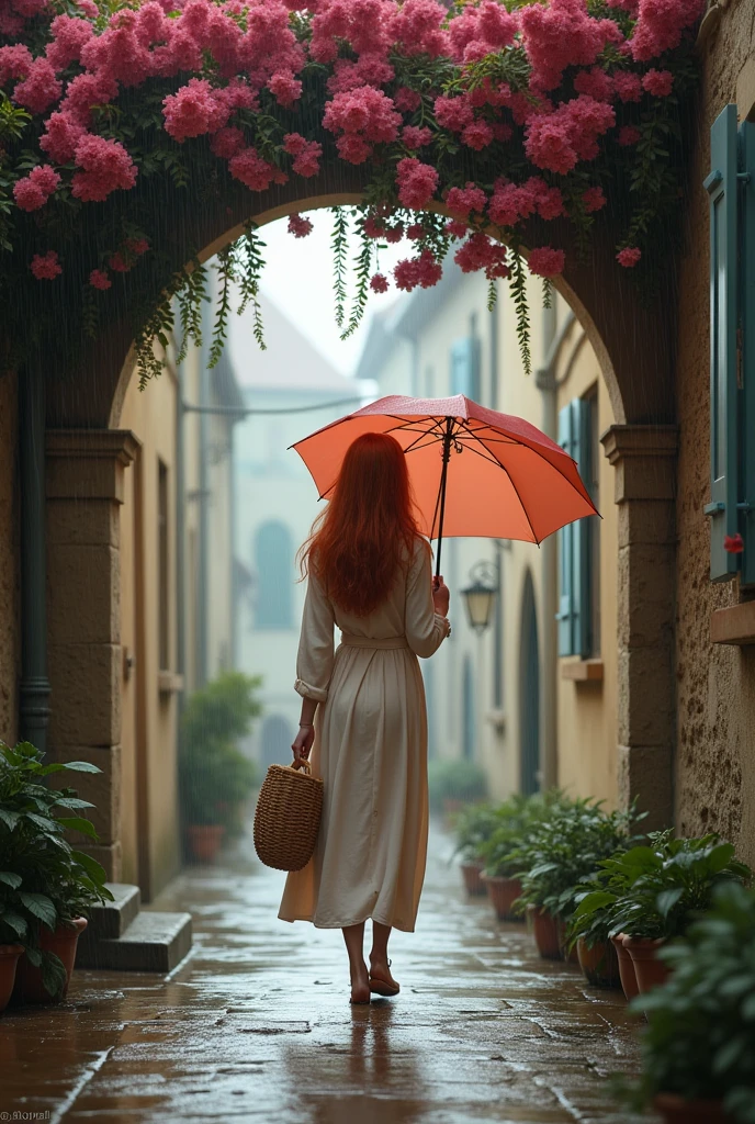 A red-haired girl, age 25, follows a typical street in the villages of Provence. It rains a lot. She protects herself from the rain with an umbrella. Bouganville .Filtro Foggy, David Hamilton Style.