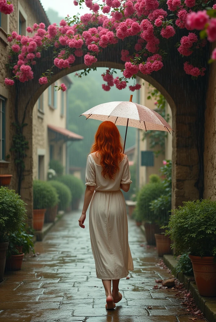 A red-haired girl, age 25, follows a typical street in the villages of Provence. It rains a lot. She protects herself from the rain with an umbrella. Bouganville .Filtro Foggy, David Hamilton Style.