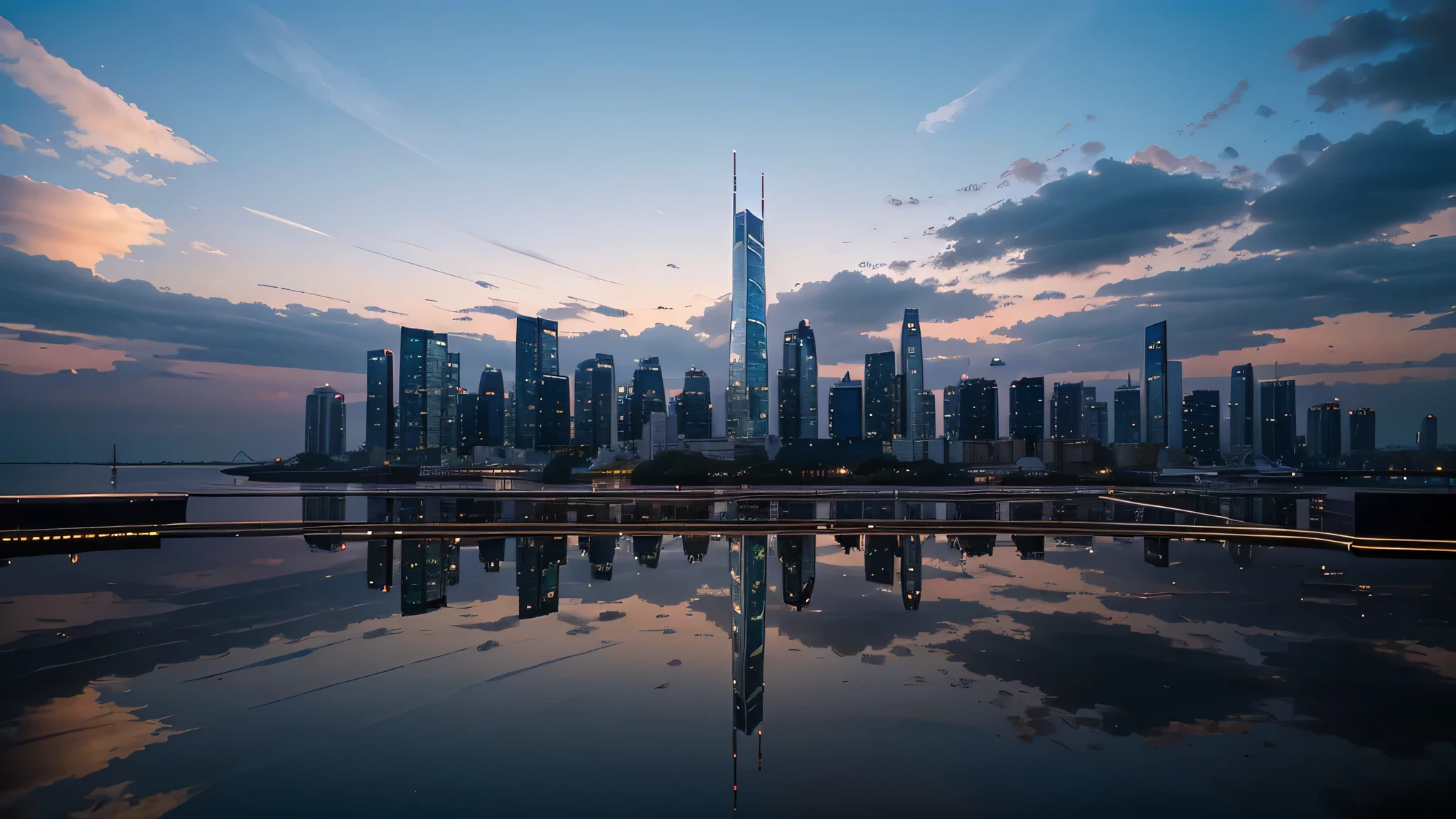 Create an image of a modern city skyline at dusk, where the buildings' lights are starting to turn on. The skyline should be reflected perfectly in a calm body of water below, creating a mirror-like effect. The city should have a mix of skyscrapers, some with unique and recognizable architecture, and a few smaller buildings. The sky above should be a gradient of deep blue to purple with a few scattered clouds. The overall atmosphere should feel serene and slightly surreal due to the clarity of the reflection.