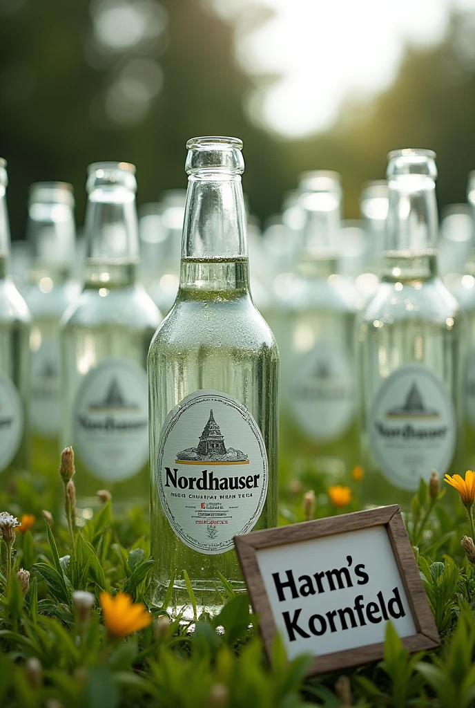 Create a meadow with 1000 unopened glass bottles in white glass. The glass bottles are said to be from the Nordhäuser brand and contain a transparent liquid. A sign in the foreground points to Harm&#39;s Kornfeld.