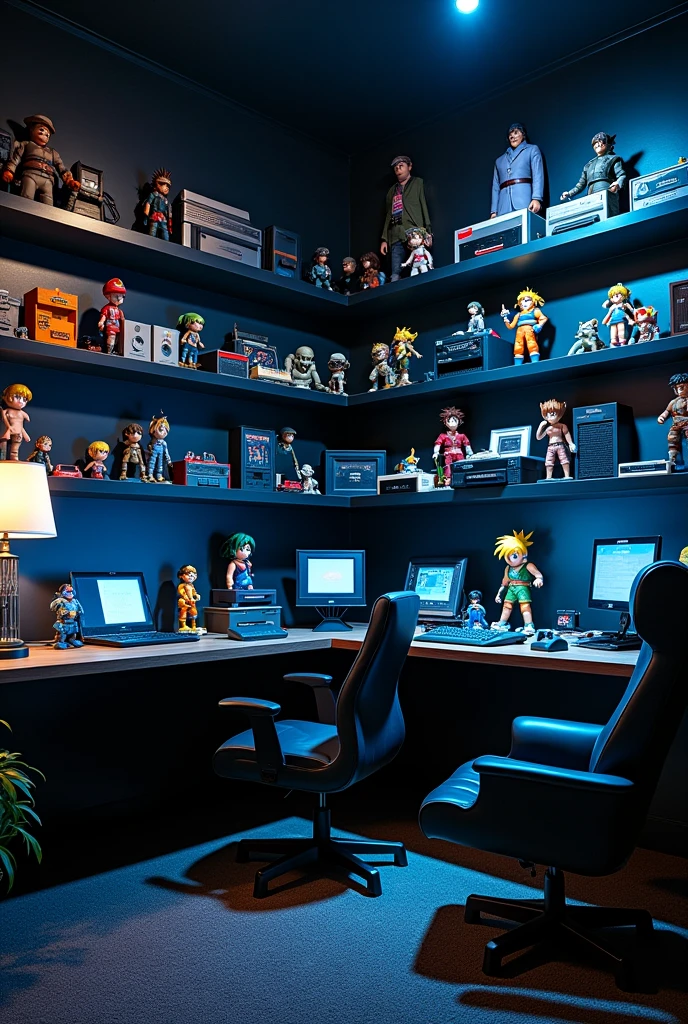 create a scenario of, the image must be 720 x 1280 in landscape format,
for a nerd channel, don't use tv, chair, don't even show the floor , leave the matte image on a black wall, with black shelves, and dark blue lights. On the shelves, put old video games, nintendo 8 bit, atari, mega drive, if you cannot use these images, put similar ones very similar. Make it as realistic as possible, growing too, nerd culture items, don't show the floor, only 2 walls, ponha action figures, of animes, naruto, dragon ball, among others. Do not use tables etc.... just shelves and bookcases, também não utilize chairs, tables and pcs, make the shelves different sizes, also add video game characters, Ryu, chun li, link, sub zero...
in large sizes