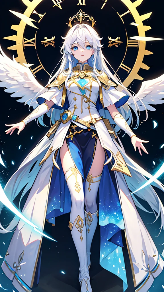 Long white haired angel。White angel halo and blue eyes、The four small angel wings on the back are characteristic。A huge halo resembling a clock floats on his back.。The costume is white full body armor with a crown decorated with fine pure gold detailing resembling the heavens.。In his right hand he holds a translucent large sword with a long blade that is covered in dark iridescent phosphorescence.。The great sword is decorated with gears made of pure gold.。Secretly, I long to serve my former master again.。