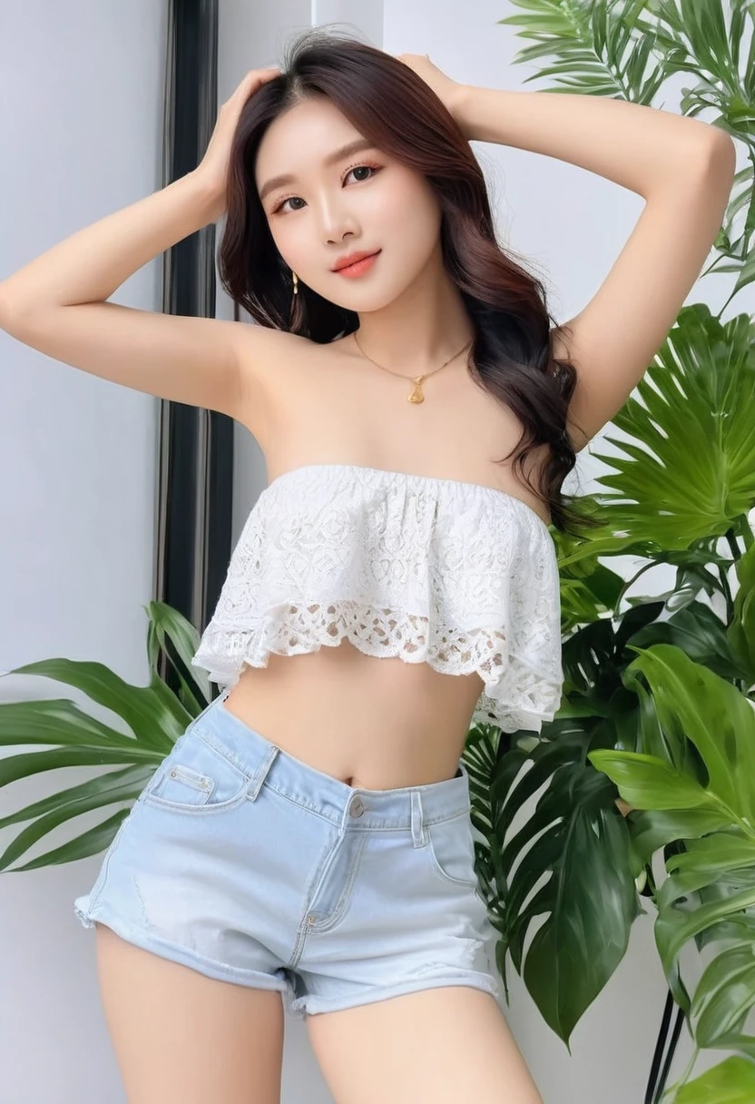 ((Best resolution)), ((high quality:1.2)), Work of art, 8k, extremely detailed, ((High detail:1.2)), (Hotlexi woman), Solo, 2 Vietnamese female, (mini-shorts, crop strapless),