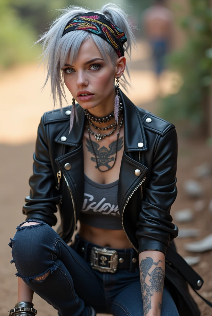 russian milf woman, grey hair (pouf, shaved sides, ponytail) and oversize wide colourful bandana as headband, with very light blue eyes, extremely pale. Wearing  cropped black moto jacket with lots of zippers and pins. Dark grey cropped top with winged skull logo ,  dark skinny blue jeans with holes in knees. Dirty white tennis sneakers . Lots of metallic bracelets and  colourful beads collars. Tacky wide studded leather belt with oversized skull and bones buckle. Long bohemian earrings with feathers. Squatting, looking at the camera. Shy, humble facial expression. Hands on her knees,  studded black leather tote bag with chains next to her  Listening in amazement to somebody speaking to her, Toned abdominals, thin neck, slim legs and thin arms. Chest, neck and hands tattoed heavily.  Dirt road in Kenia village, crowded with shirtless men in jeans. next to her, coins , mobile, lipstick, makeup kit and sunglasses and all her belongings scattered on the floor