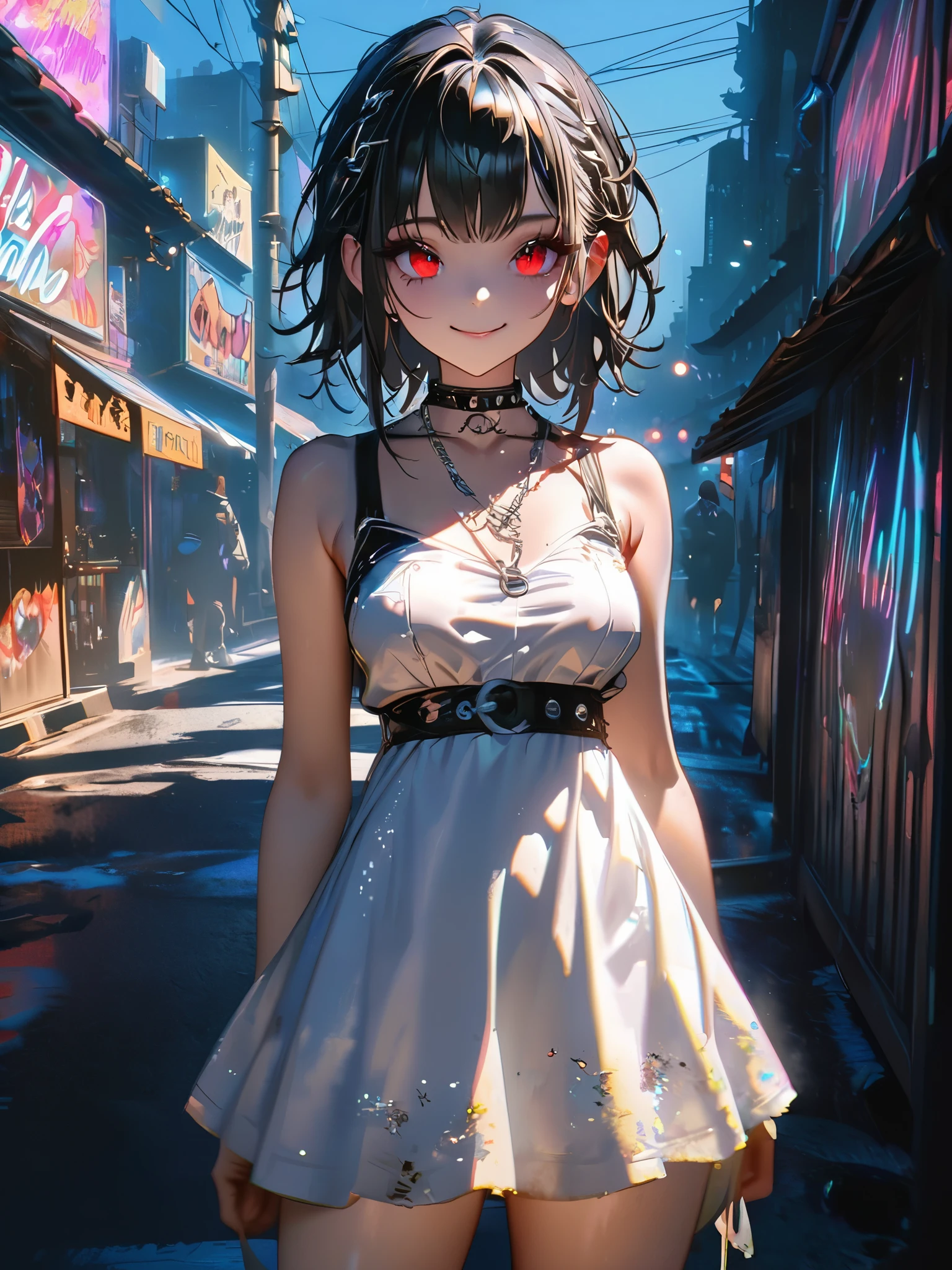 Anime girl in a short dress standing in a street with graffiti on the ...