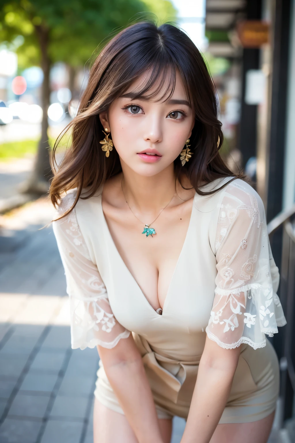 (Realistic, 8k, Top Quality, Masterpiece: 1.5, Best Quality, Illustration, Ultra-detailed, finely detail, high resolution, 8K Wallpaper, Perfect dynamic composition, Beautiful detailed eyes), (office casual summer clothes, not white:1.5), Natural Color Lip, walking street:2.0, 20 years girl, sweaty skin:1.3, (beautiful detailed face and eyes:1.5),dark brown hair, medium long hair:1.2, (Highly detailed face and skin texture, Highly detailed lip texture, Beautiful detailed eyes, Raw Photo), (Very Delicate and Cute Japanese Girl:1.5), (1 girl), Perfect Style, necklace, earrings, handbag:1.2, realistic shadows, (Emphasis beautiful sexy Legs:1.6)