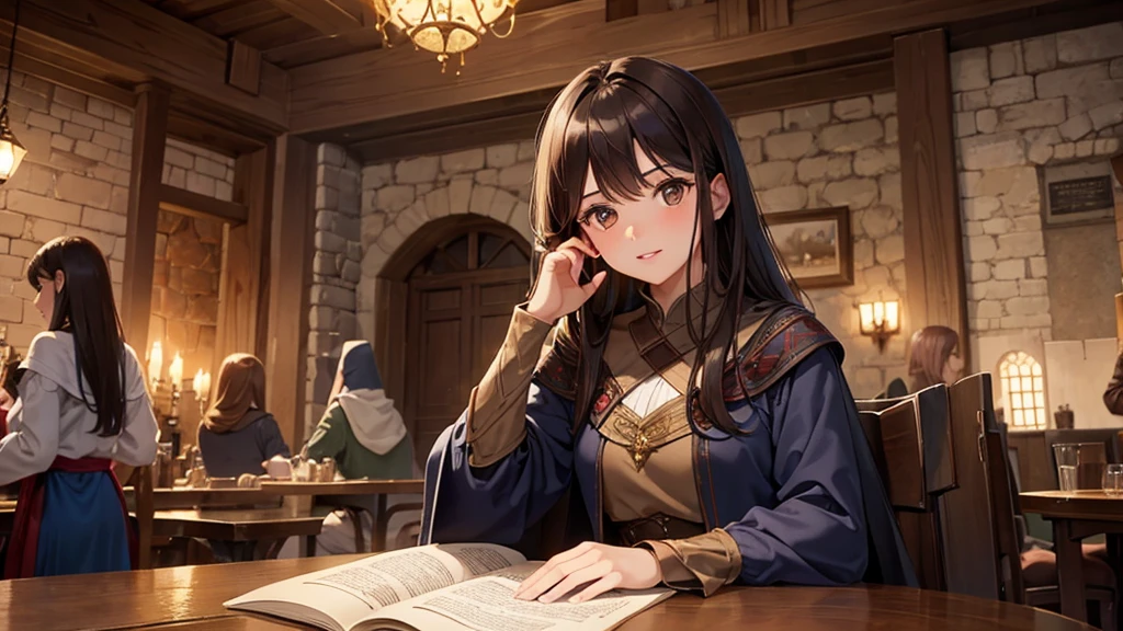 beautiful girl, Dark brown hair, Brown eyes, Dark Eyes, Fuller lips, middle ages, Wizard, Tavern, Having fun at a table with friends