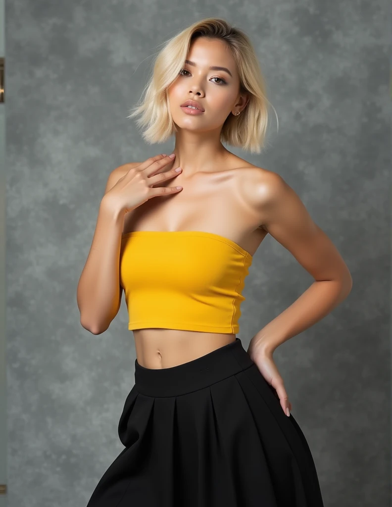 a woman with blonde hair wearing a yellow shirt and blue shorts, crop top, croptop, with ripped crop t - shirt, realistic clothing, sport bra and shirt, wearing yellow croptop, wearing crop top, casual clothing, wearing a sexy cropped top, wearing a cropped tops