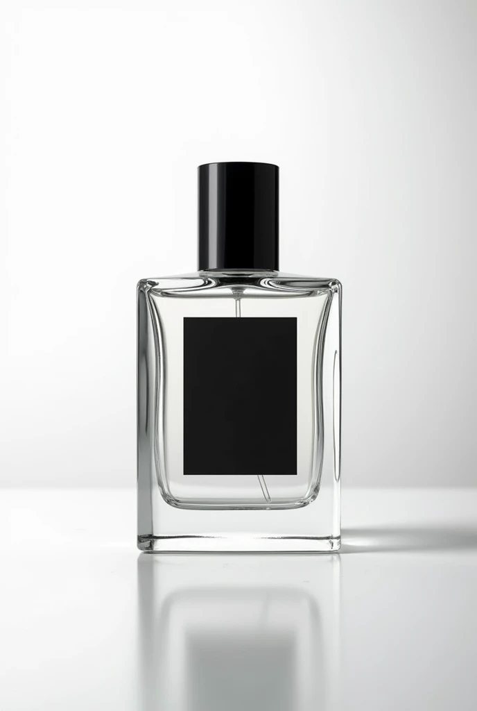 create a sales poster for perfume Ads, transparent bottle with black sticker, black cap on bottle