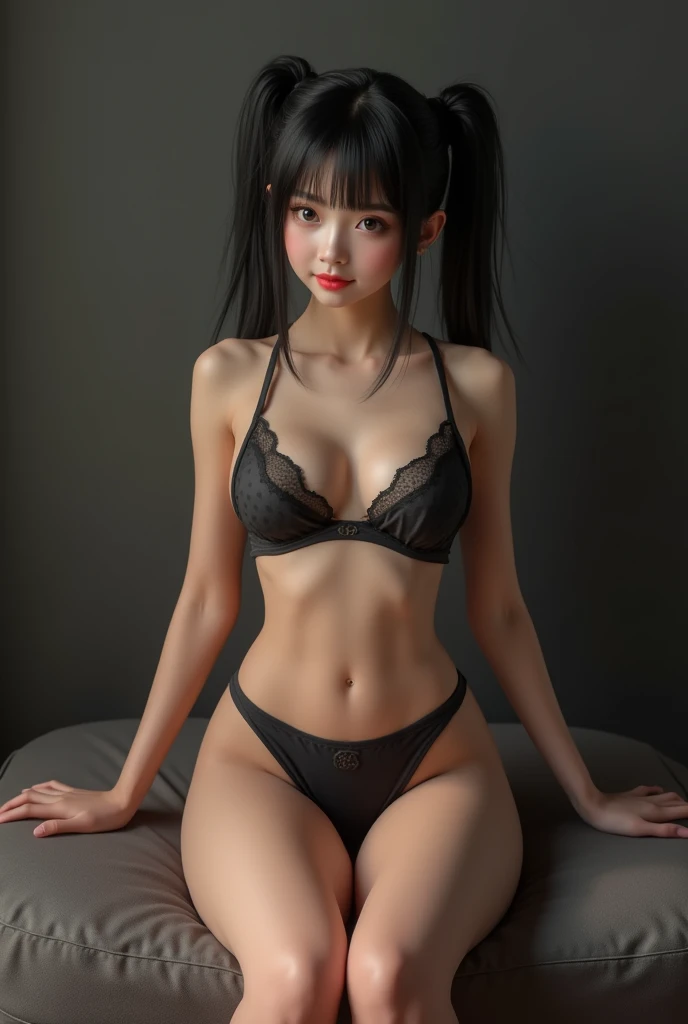 Cute 1 girl, god, Short Girl, A slim body, Small boobs, Small breast, Small booty show, ultra mini skirt, detailed face, beautiful eyes, long eyelashes, cute expression, Minimalist interior, dark-toned interior, photorealistic, 4K, high quality, hairstyle two ponytails, ultra mini skirt, sitting on the chair, spread legs, front view, full body