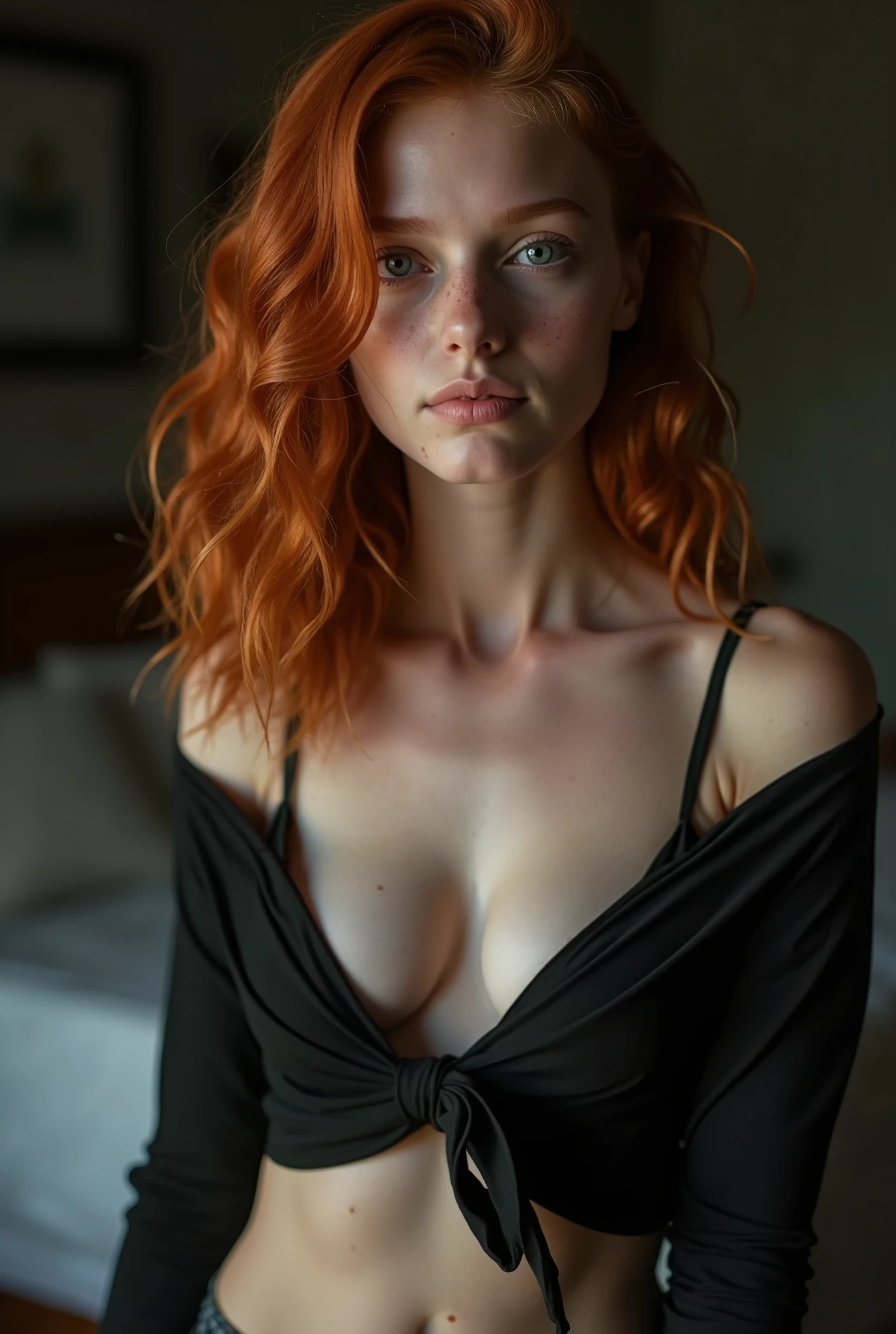 (Full body photograph of a super cute young slim Irish redhead girl with very small waist with dark theme), (short hair, thin nose, realistic freckles), full lips, ((lustful and seductive look, sensual smile, perfect teeth)) , erotic pose. naked big pointy natural breasts, ((hard nipples with realistic details, real skin, real nipples, perfect nipples, big nipples, epic details on the nipple areola)), ((slim body, wide hips)), blue eyes, highly detailed eyes, (eye detail: 0.8), (Naturally sagging breasts, realistic skin, epic realism, RAW photography, realistic skin, epic realism, HDR: 1.5, epic skin detail, porous skin, goosebumps, with features Germans.) ((Photorealistic): 1.1), dark background, Canon 5D, 8mm film grain, realistic shading, ((perfect pussy shape, red pubic hair)),