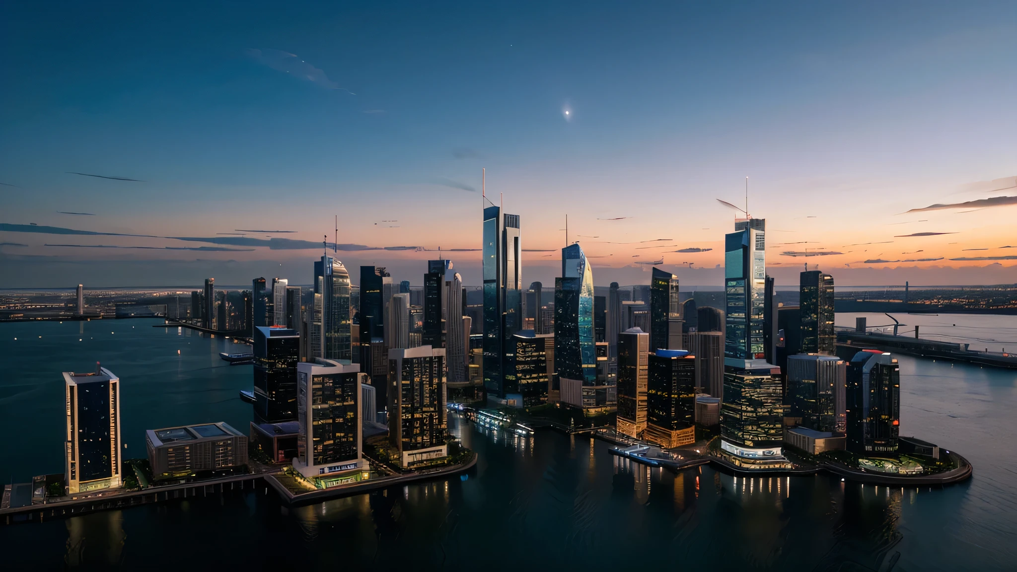Create an image of a modern city skyline at dusk, where the buildings' lights are starting to turn on. The skyline should be reflected perfectly in a calm body of water below, creating a mirror-like effect. The city should have a mix of skyscrapers, some with unique and recognizable architecture, and a few smaller buildings. The sky above should be a gradient of deep blue to purple with a few scattered clouds. The overall atmosphere should feel serene and slightly surreal due to the clarity of the reflection.