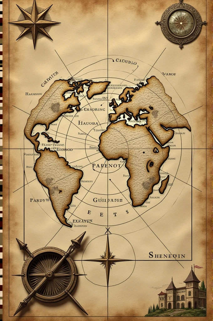 Make a cartography style map, but try to make the lines more cartoonish, try something more medieval artistic. Try adding a compass