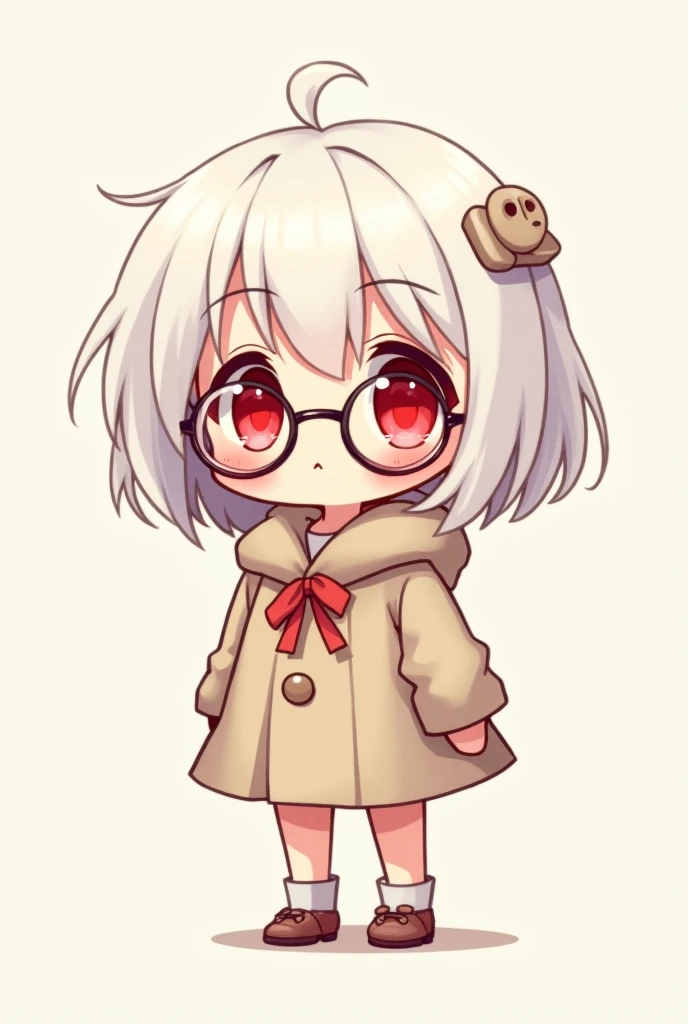 anime girl white hair red eyes chibi with glasses full body