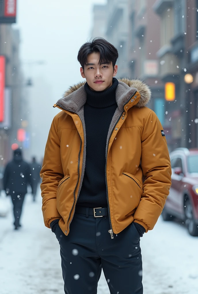 20-year-old Korean man with fair skin, Slim shape, stand up straight, winter, jacket, winter clothes, K-pop artists with youthful looks