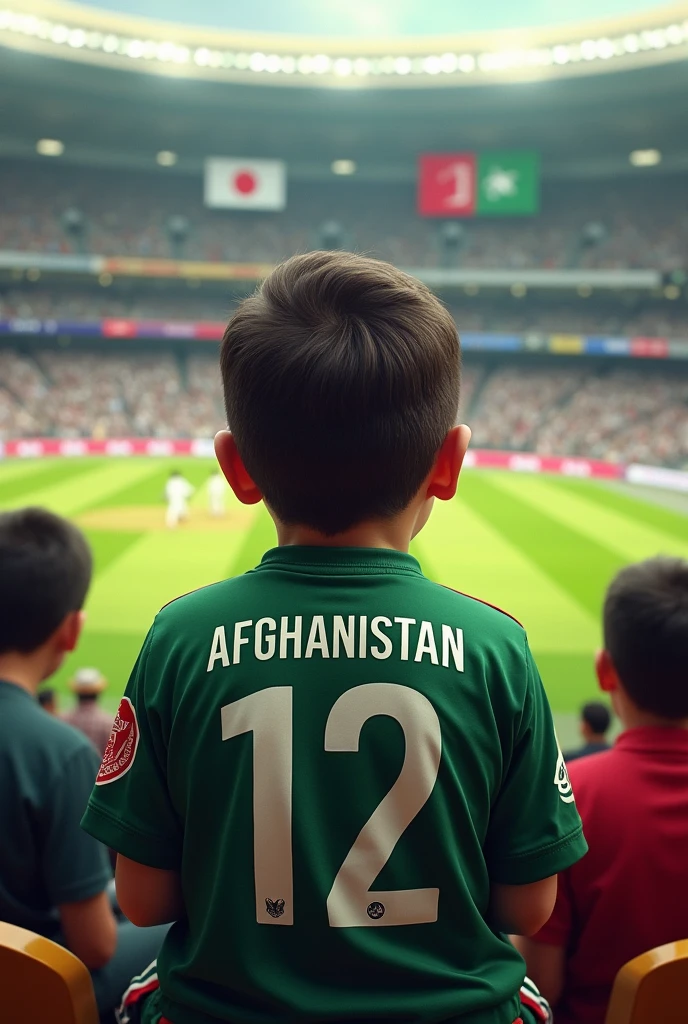 Create an image of boy watching Afghanistan vs Pakistan cricket match in Afghanistan jercy with Number 12
