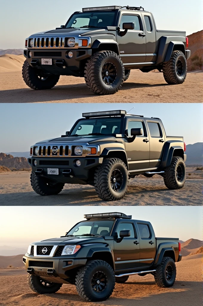 Hummer H1 pickup truck with features of a 2009 Nissan Pathfinder in horizontal photographs