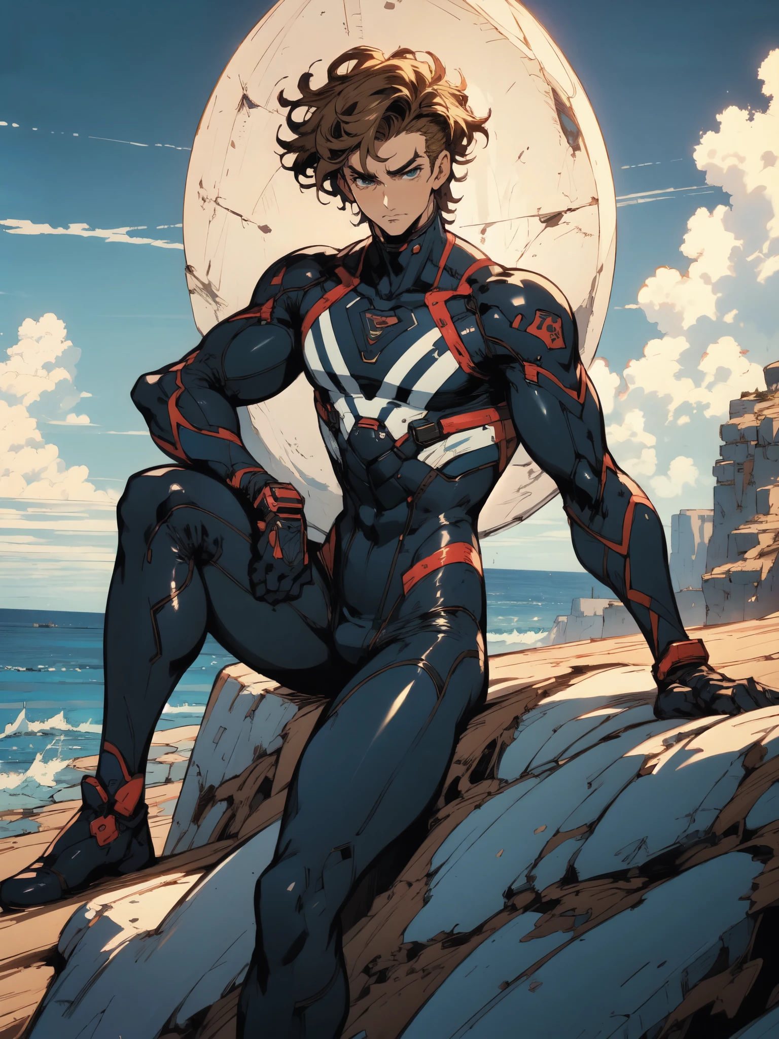 (masterpiece:1.2, best quality:1.2, extremely delicate:1.2), ((male:1.5)), a mature man with short slightly curly brown hair, a well-defined face, intense eyes, a thoughtful expression, brown skin, tall and athletic build, a futuristic fantasy-style blue and black short-sleeved tight-fitting wetsuit, matching trousers, wrist guards, he sits leisurely on a seaside rock, this character embodies a finely crafted futuristic fantasy-style swimmer in anime style, exquisite and mature manga art style, dramatic, high definition, highres, ultra-detailed, ultra-fine painting, professional, perfect body proportions, golden ratio, anatomically correct, symmetrical face, extremely detailed eyes and face, high quality eyes, creativity, RAW photo, UHD, 32k, Natural light, cinematic lighting, (masterpiece-anatomy-perfect:1.2)