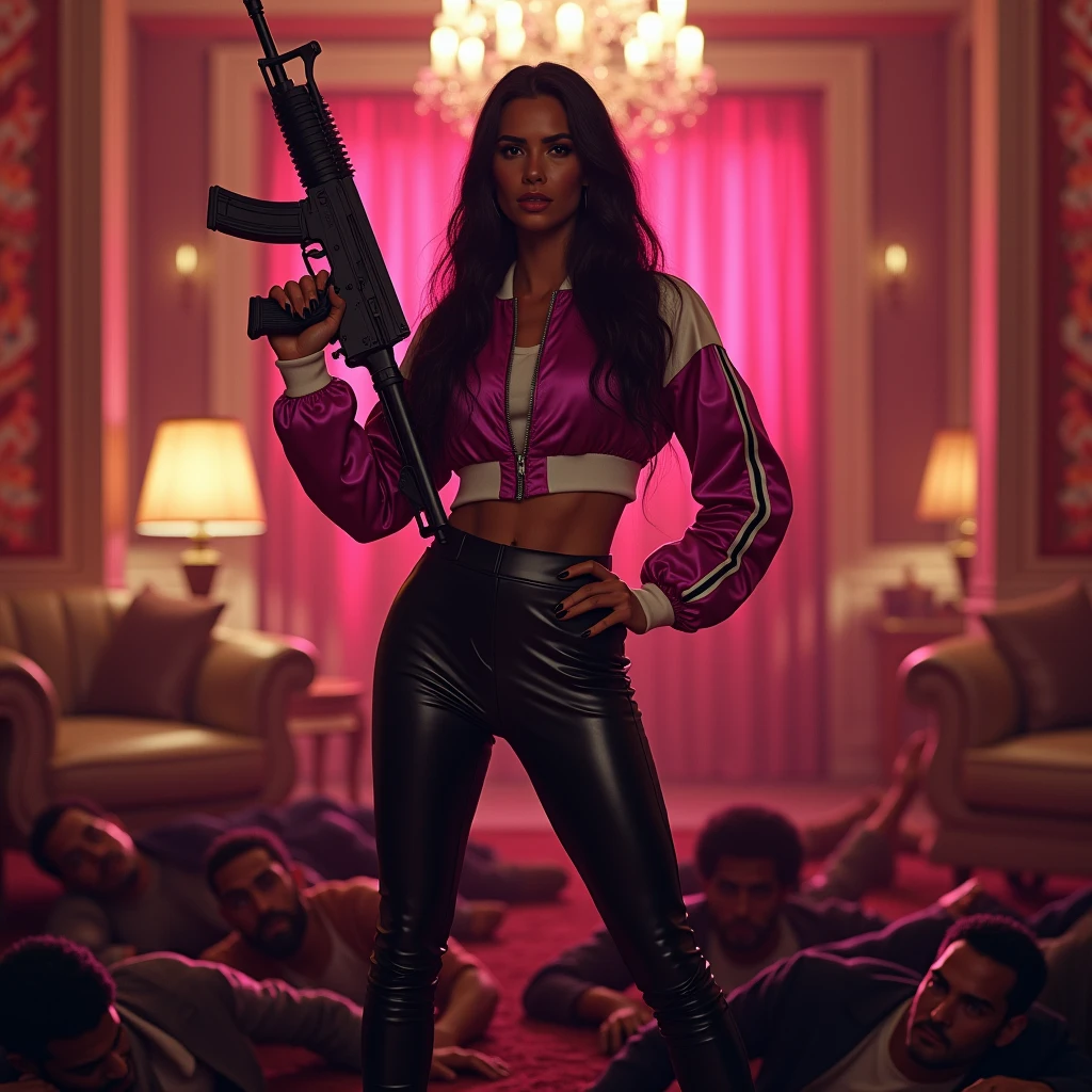 wide depth of field, wide depth of focus, f/11 lens setting, all objects in focus, full color image, raven haired woman with ak47, holding ak47 rifle, large living room, full body image, (two tone magenta and white short cropped soft shiny satin bomber jacket with stripe down sleeve), zipped up jacket, shiny satin leggings, woman posing with am ak47 rifle, long beautiful hair, confidant smile, pure form, intricate details, 8K post-production, high resolution, super detailed, Popular topics on Artstation,, Studio photos, intricate details, Very detailed, she stands in the middle of the room on a pile of defeated men laying unconscious with closed eyes on the floor