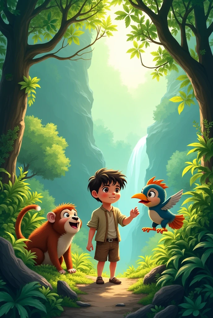A boy from the mountains playing in the forest with a monkey and a bird