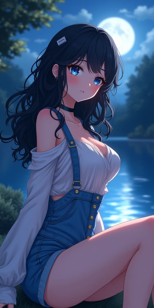(best quality, ultra-detailed, photorealistic: 1.39), bright and vibrant colors, studio lighting, romantic expression, An effeminate girl, with a delicate and beautiful face. She is a girl who reflects seductive beauty, sparkling eyes, A beautiful adult woman beautiful and voluminous curly black hair, hair clip, crying a seductive 2 woman with big breasts seduces, with her large breasts seduces, transparent long-sleeved blouse with buttons, denim shorts with suspenders, sleeveless, beautiful sweater dress, with beautiful legs, ankle boots, with her blue eyes that matches her soft smile, in a beautiful pose demonstrating her seduction on the in front of a beautiful lagoon, moon, trees and a beautiful picnic, night with soft lighting, anime style, like a manwha character