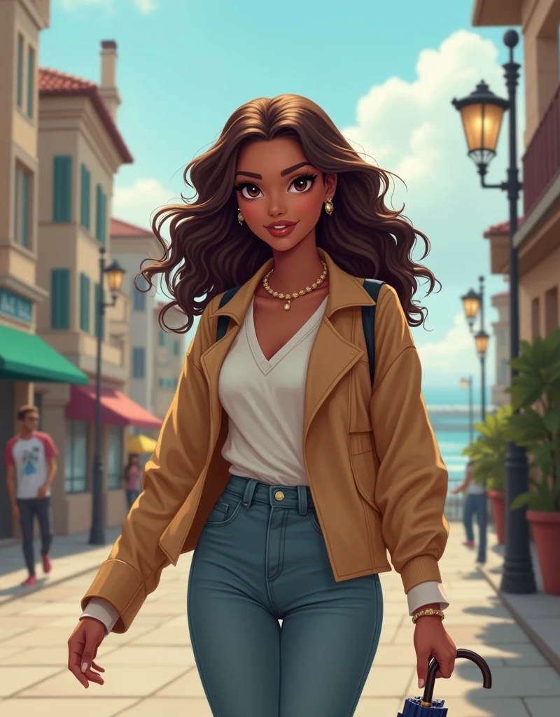 A full body woman walking on a street in a coastal city, with an umbrella in his hand, attractive woman with wavy hair and brown skin, returns home from work, Beautiful smile, 💕 , attractive woman with light eyes