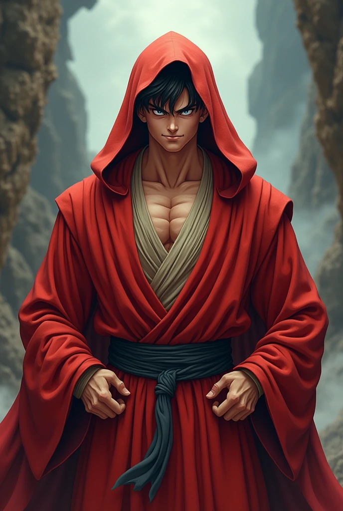 Son Goku, Dragon Ball Z, Jedi Robe, Hooded Robe, Red Robe, Front opening robe, フードをsuffer, suffer, Hands on hips, smile, smiling, 