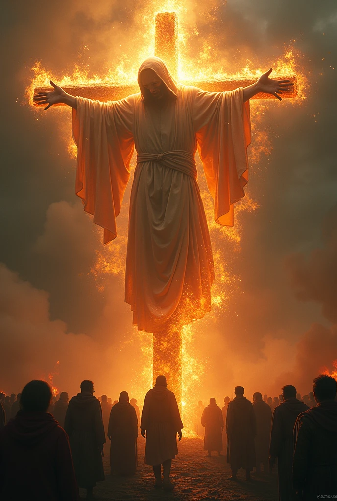 Generate images of the back of a giant man in a robe of fire and light.
Cover his face with White light and nail him to a cross sorounded ny angry mobs
