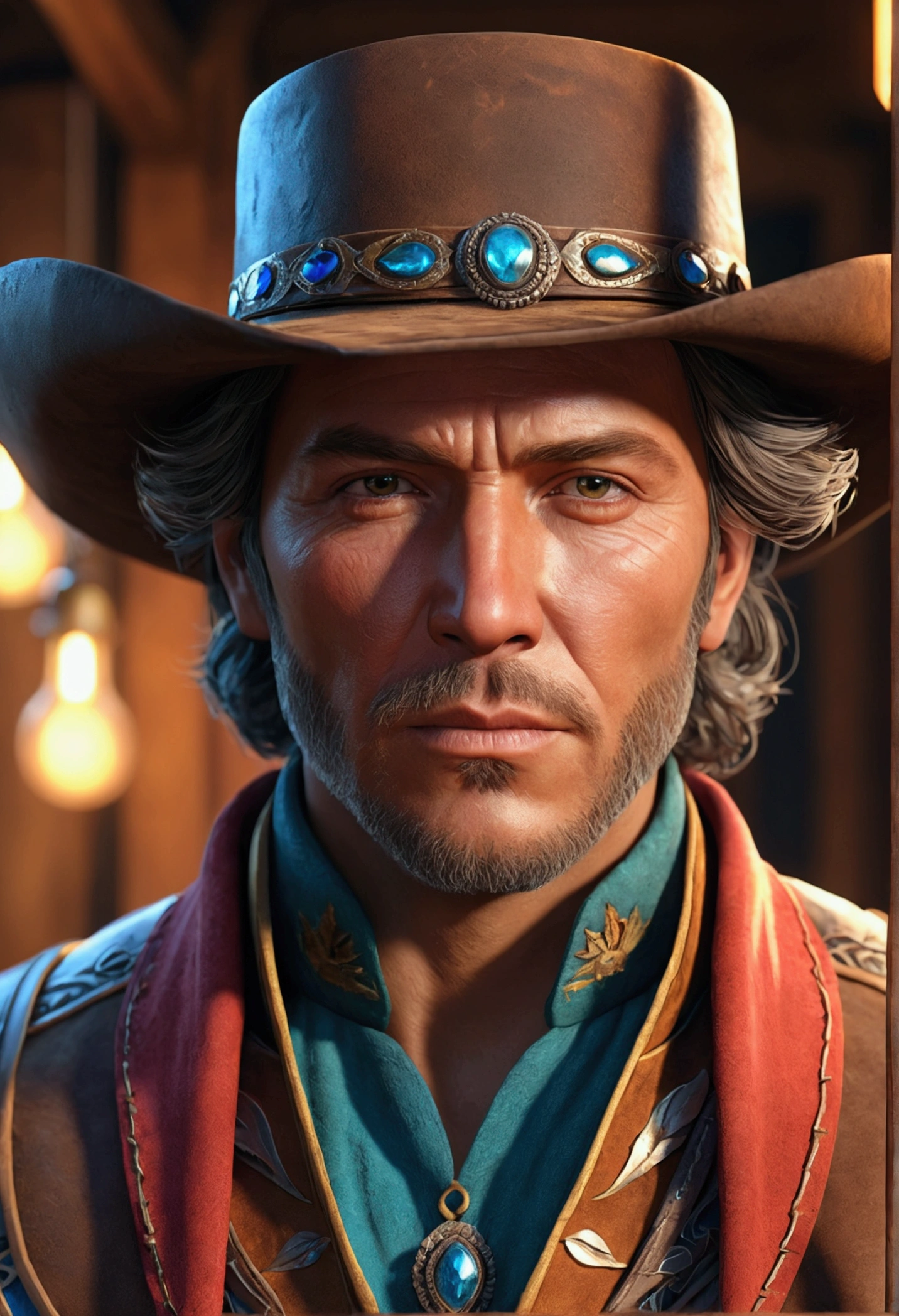 A man in ultra-realistic western costume, Fantasy art, Realistic, Dynamic Lighting, Art Station, Highly detailed face, 4K, Awards,