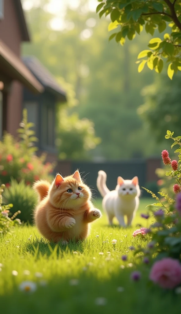 Make me a realistic photo of a cute and fat cat playing in his yard, Then he was surprised to see a white female cat on the side of the road