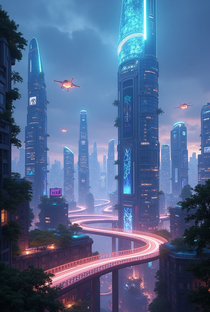 Create a stunning digital cityscape set in a futuristic world. The city should feature towering skyscrapers made of glass and metal, with sleek, neon-lit facades. The streets are bustling with autonomous vehicles and flying drones. The buildings are connected by glowing bridges and walkways, with holographic advertisements projected in the air. The skyline is dominated by a massive digital tower with a rotating, holographic display at its peak. The atmosphere is vibrant, with a blend of blue and purple hues lighting up the night sky, reflecting off the metallic surfaces. Incorporate greenery, such as vertical gardens and rooftop parks, to show the city's balance of nature and technology.