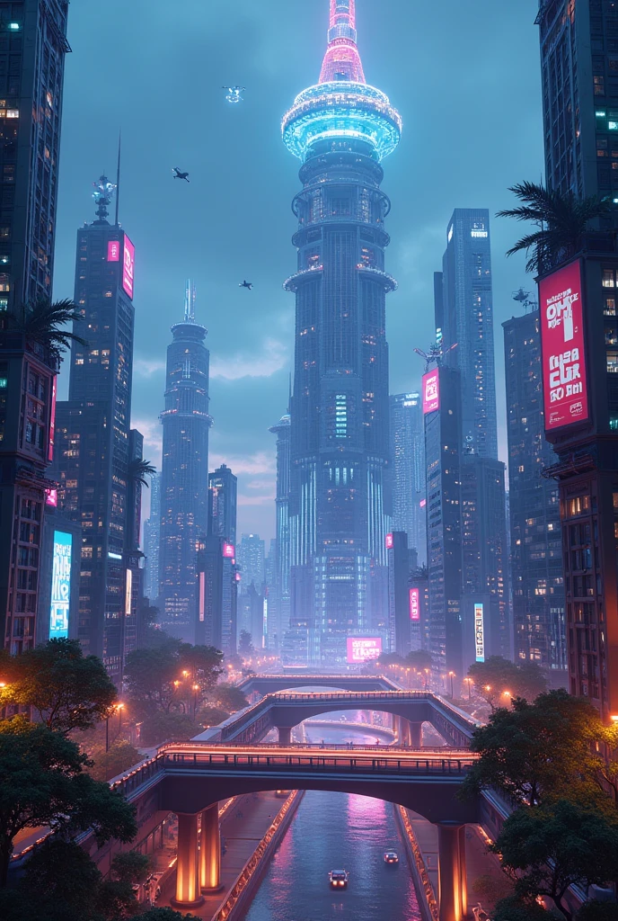Create a stunning digital cityscape set in a futuristic world. The city should feature towering skyscrapers made of glass and metal, with sleek, neon-lit facades. The streets are bustling with autonomous vehicles and flying drones. The buildings are connected by glowing bridges and walkways, with holographic advertisements projected in the air. The skyline is dominated by a massive digital tower with a rotating, holographic display at its peak. The atmosphere is vibrant, with a blend of blue and purple hues lighting up the night sky, reflecting off the metallic surfaces. Incorporate greenery, such as vertical gardens and rooftop parks, to show the city's balance of nature and technology.