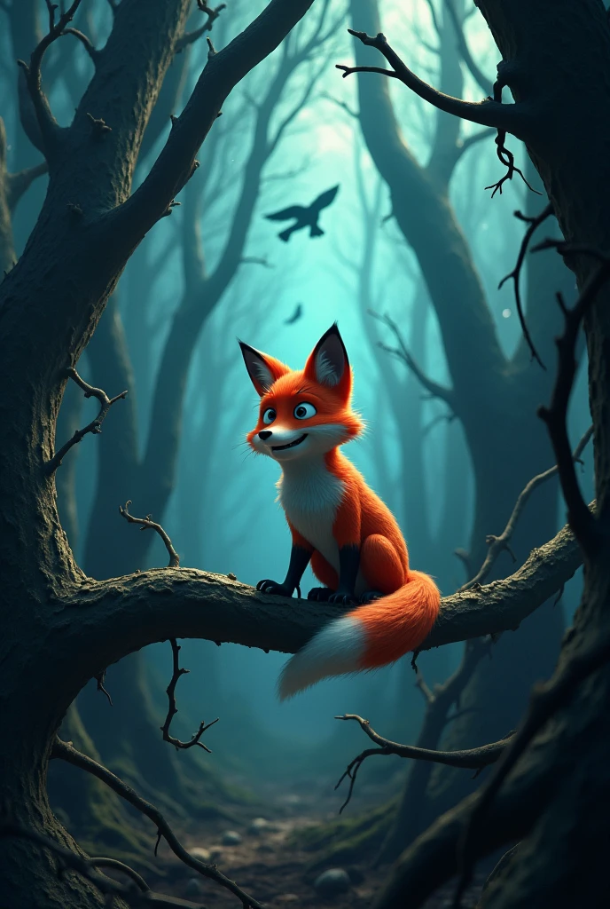 In cinematic 3d cartoon style In the middle of the forest, they find a fox trapped in some branches & the dangerous forest look like horror