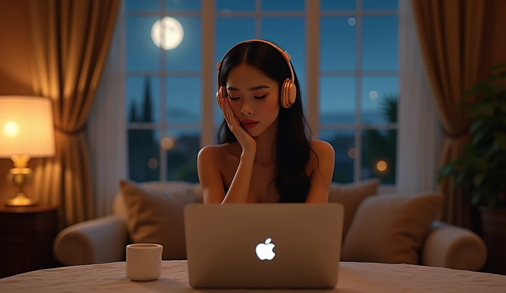 (photorealism:1.2), Create an image of an alone confident 2 Filipina woman with an hourglass body shape, slightly curvy, standing at 5'4". She has fair skin, long and thick hair, and a small heart-shaped face with subtle cheekbones and a rounded chin. Her nose is delicate, pointy, and . She is sitting on a chair at a table inside a beautifully decorated, well-lit room. The room is warmly illuminated by soft ambient lights, complementing the gentle moonlight streaming through large windows. She is wearing an elegant evening gown that drapes gracefully around her. In front of her is a MacBook Pro, and she is wearing large, stylish over-ear headphones, lost in the music playing. The camera is positioned directly in front of her, capturing her thoughtful expression as her hands rest on the table or gently touch her chin. Outside, the night sky is dotted with stars, adding a serene and tranquil ambiance to the evening.