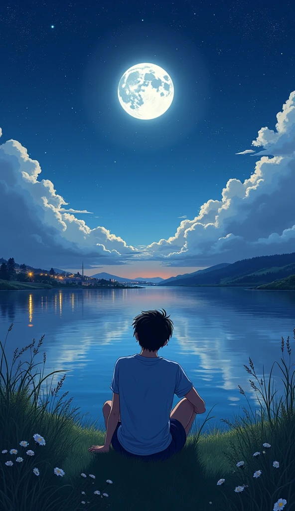 Basic background: A peaceful, expansive landscape, with the central focus on a clear, starlit night sky. The scene is set by a calm body of water, reflecting the night sky and the bright, full moon. The sky is filled with stars, with some larger and brighter, creating a mesmerizing effect. The horizon glows softly with the distant lights of a town, adding warmth to the cool tones of the night. Centered image: A young man, drawn in a detailed anime style, sits on the grassy edge of the water, gazing at the moon. His posture is relaxed, with one arm resting on his knee, symbolizing contemplation and serenity. The moonlight casts a soft glow on his figure, highlighting the details of his clothing and hair with subtle shading. The reflection of the moon on the water adds depth to the scene, while the gentle ripples create a dynamic, yet calming effect. Foreground elements: Surrounding the character are natural elements like tall grasses, small wildflowers, and gently swaying reeds, all bathed in moonlight. These details add texture to the scene and enhance the peaceful, natural setting. The reflection of the stars in the water adds an extra layer of visual interest, blending the sky and the landscape seamlessly. Additional effects: The sky is filled with soft, glowing clouds that catch the moonlight, creating a dreamy atmosphere. The stars twinkle gently, with a few shooting stars adding a touch of magic to the scene. The distant town lights are blurred slightly, giving the impression of depth and distance. The color palette is a mix of deep blues, purples, and soft whites, with accents of warm yellows and oranges from the distant lights and the moon. The water reflects these colors, adding a sense of harmony and balance to the scene. Commercial photography --chaos 23 --ar--stylize 750, Hawaii, gta vice style , illustration , reteo comic illustration(brokeh effect)(fireflies glowing)(twinkling stars