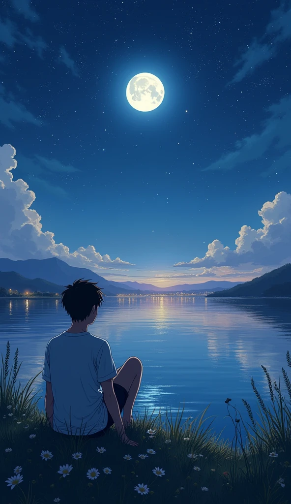 Basic background: A peaceful, expansive landscape, with the central focus on a clear, starlit night sky. The scene is set by a calm body of water, reflecting the night sky and the bright, full moon. The sky is filled with stars, with some larger and brighter, creating a mesmerizing effect. The horizon glows softly with the distant lights of a town, adding warmth to the cool tones of the night. Centered image: A young man, drawn in a detailed anime style, sits on the grassy edge of the water, gazing at the moon. His posture is relaxed, with one arm resting on his knee, symbolizing contemplation and serenity. The moonlight casts a soft glow on his figure, highlighting the details of his clothing and hair with subtle shading. The reflection of the moon on the water adds depth to the scene, while the gentle ripples create a dynamic, yet calming effect. Foreground elements: Surrounding the character are natural elements like tall grasses, small wildflowers, and gently swaying reeds, all bathed in moonlight. These details add texture to the scene and enhance the peaceful, natural setting. The reflection of the stars in the water adds an extra layer of visual interest, blending the sky and the landscape seamlessly. Additional effects: The sky is filled with soft, glowing clouds that catch the moonlight, creating a dreamy atmosphere. The stars twinkle gently, with a few shooting stars adding a touch of magic to the scene. The distant town lights are blurred slightly, giving the impression of depth and distance. The color palette is a mix of deep blues, purples, and soft whites, with accents of warm yellows and oranges from the distant lights and the moon. The water reflects these colors, adding a sense of harmony and balance to the scene. Commercial photography --chaos 23 --ar--stylize 750, Hawaii, gta vice style , illustration , reteo comic illustration(brokeh effect)(fireflies glowing)(twinkling stars