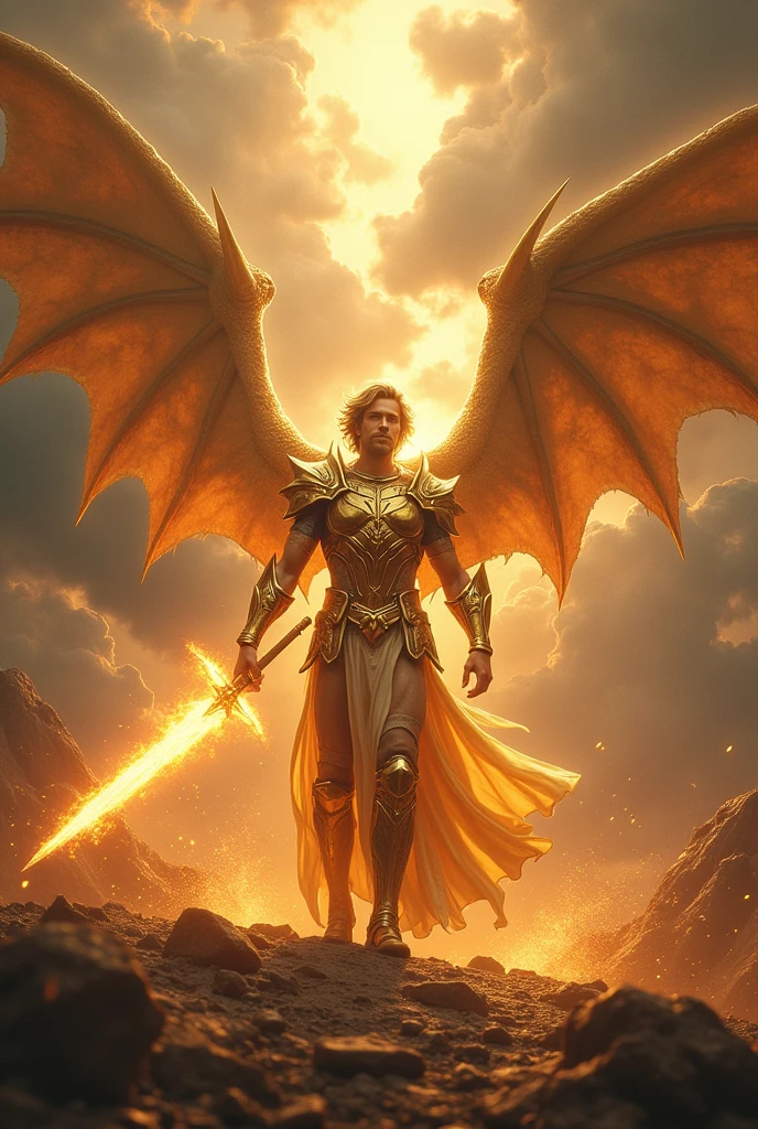 A male angel who is on high, he has golden armor dressed in the sun and as if he were protecting something, he is feared and he is an angel of divine light., carrying a sword of fire in a sky with dark gray clouds having a divine light from God, fighting a one-on-one battle with a large, dark red, terrifying dragon with two wings, four feet, horns, and a tail